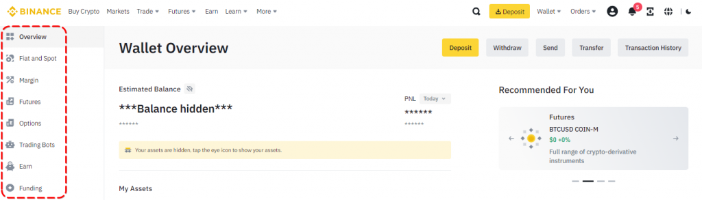 Binance Exchange Wallet account menu
