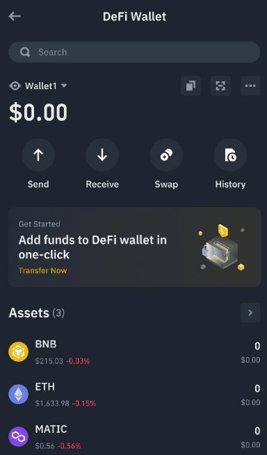 Binance DeFi Wallet mobile interface