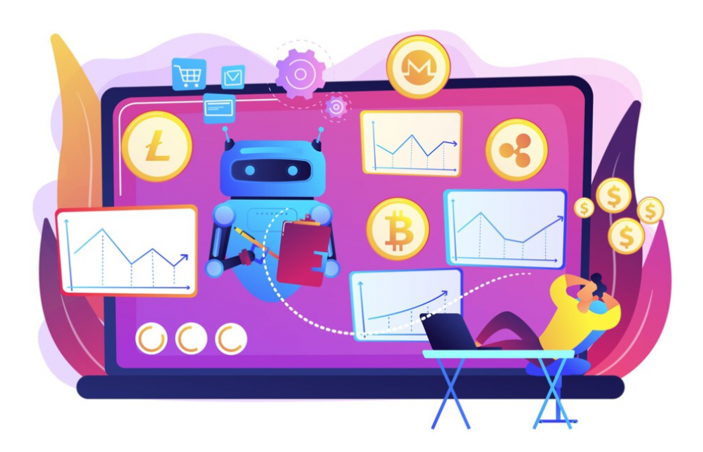 Illustration of a crypto scalping bot in front of price charts, while a person rests at his desk