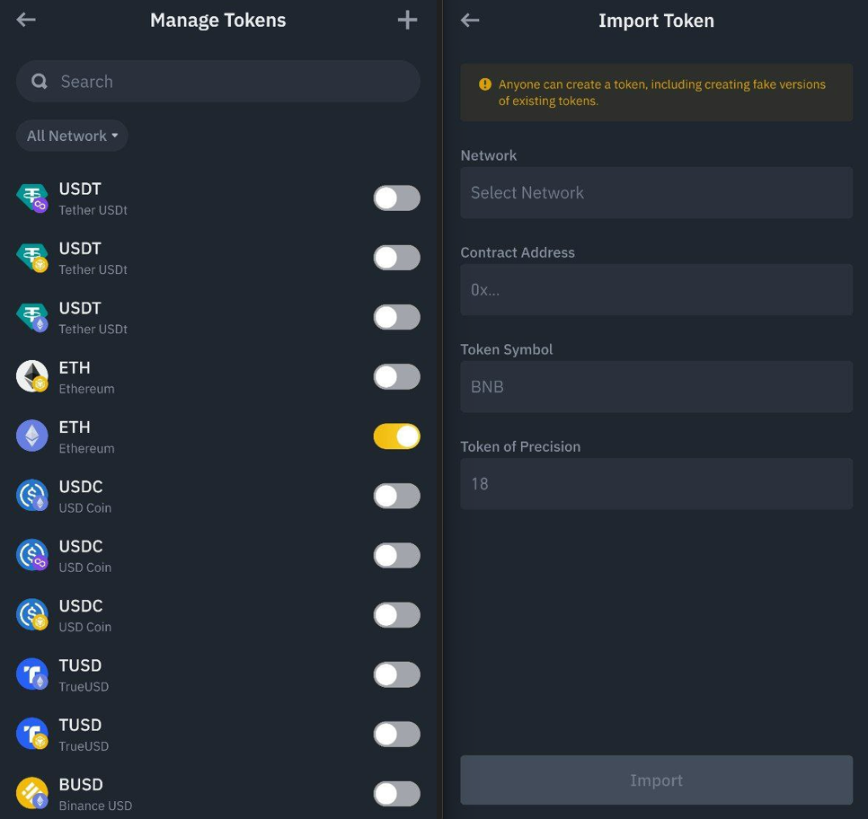 Entering token contract address in Binance DeFi Wallet