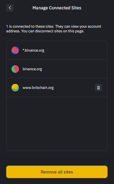 Managing connected sites in Binance Wallet