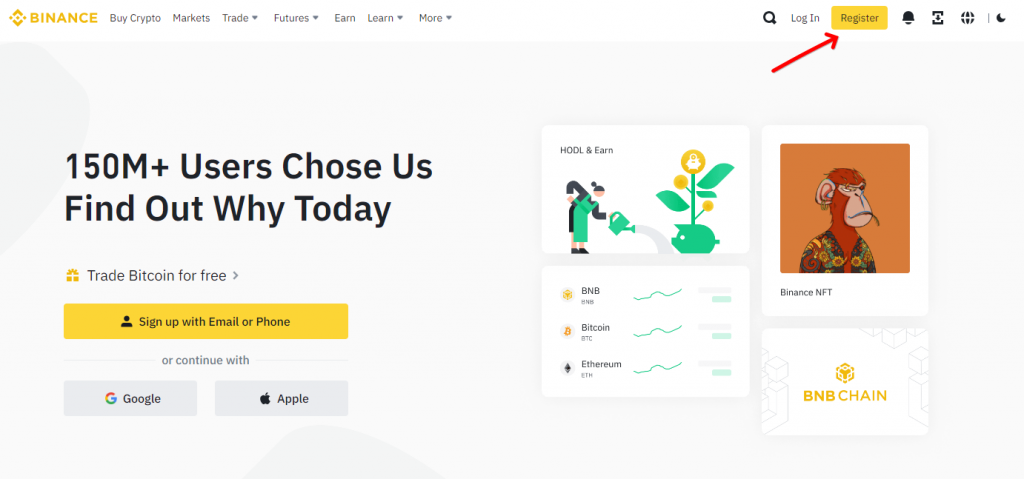 Official Binance exchange website registration button on Binance