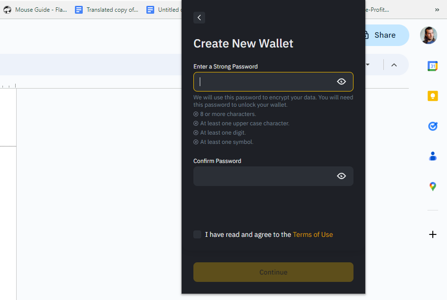 Creating Binance Wallet password