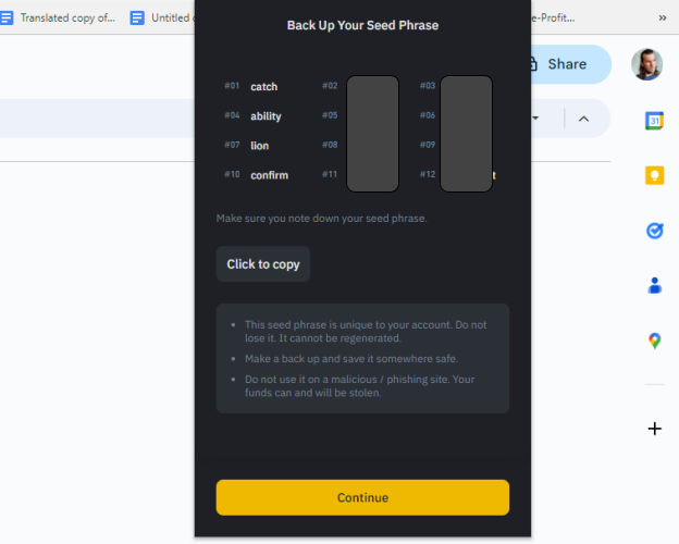 Backing up Binance Wallet seed phrase
