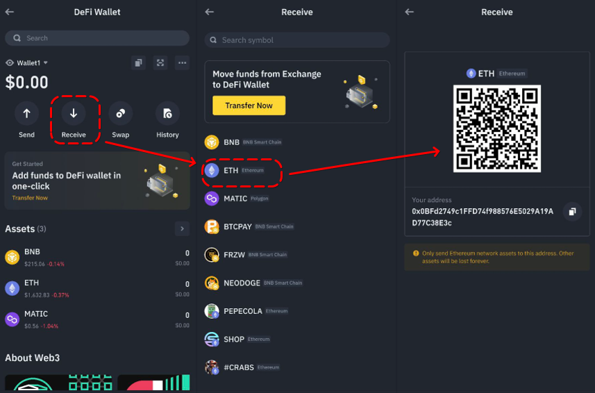 Blockchain transfers in Binance DeFi Wallet