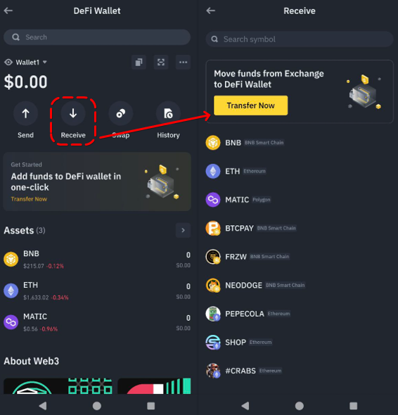 Direct transfer in Binance DeFi Wallet