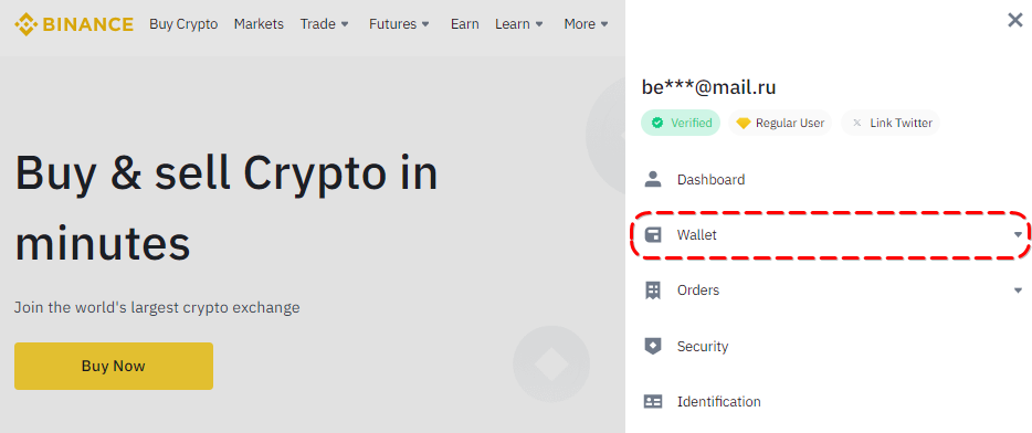 Opening the wallet from the Binance homepage
