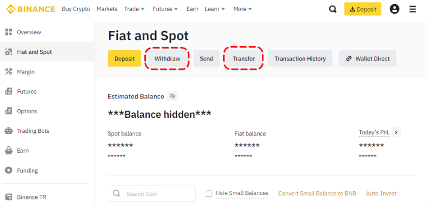 Transfer/Withdraw interface on Binance website