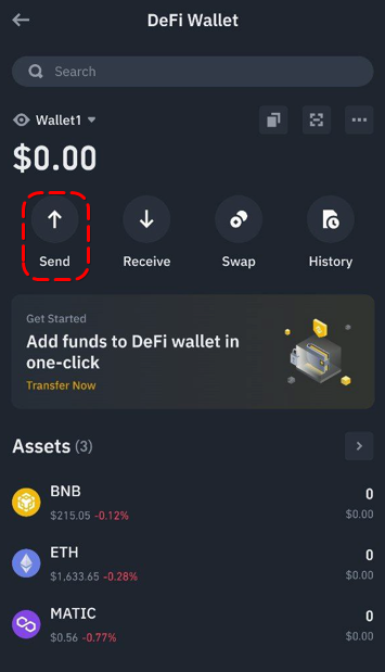 Binance DeFi Wallet interface, withdrawing funds from Binance DeFi Wallet