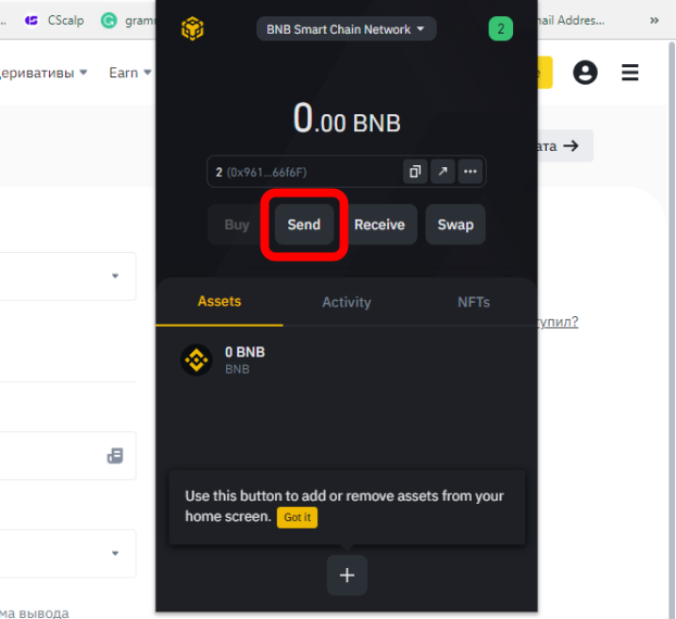 Binance Wallet interface, withdrawing cryptocurrency from Binance Wallet