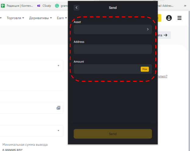 Binance Wallet interface, withdrawing cryptocurrency from Binance Wallet