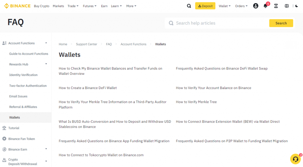 Binance Wallet FAQ section