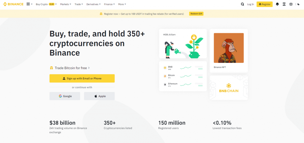 The homepage of the Binance website