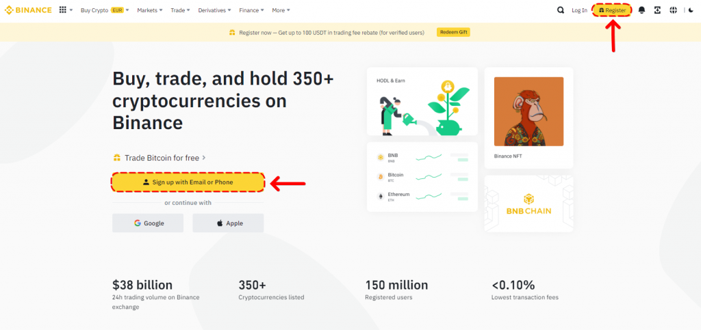 Click 'Register' to open an account on Binance