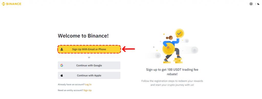 How to trade on Binance: Choose registration using email or phone