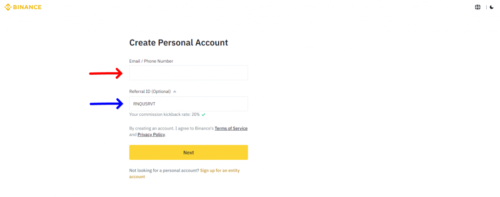 Binance registration fields for email/phone number and referral link