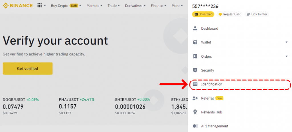 The Identification section in the Binance profile menu