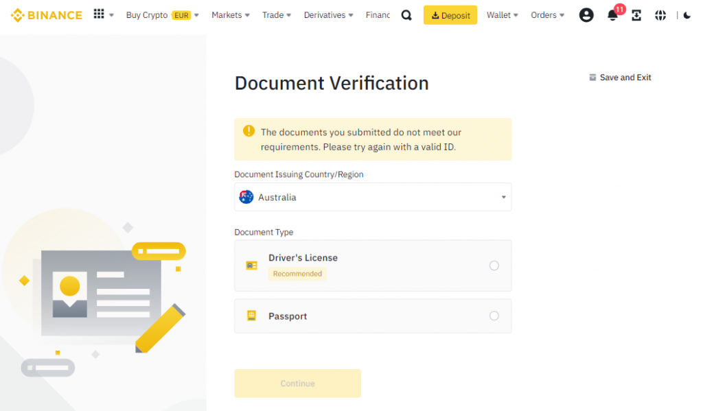 Select the country and document type for verification