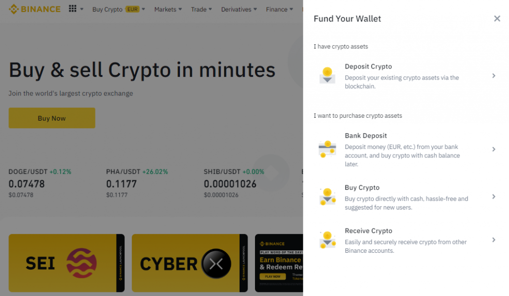 Choose the deposit method for your Binance account