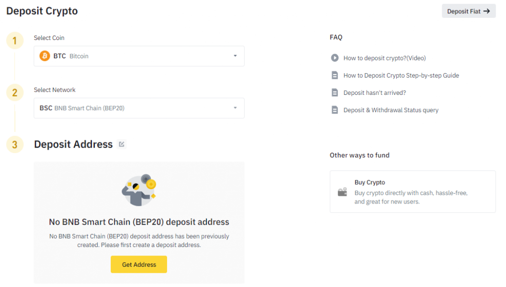 Select the deposit cryptocurrency plus Network and the exchange will show the address