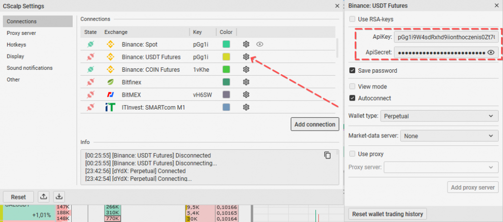 Go to 'Settings' in CScalp, specify the type of connection and API keys