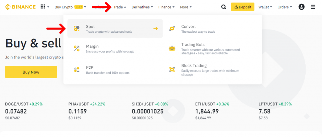 Click on "Spot" to open the Spot market trading interface