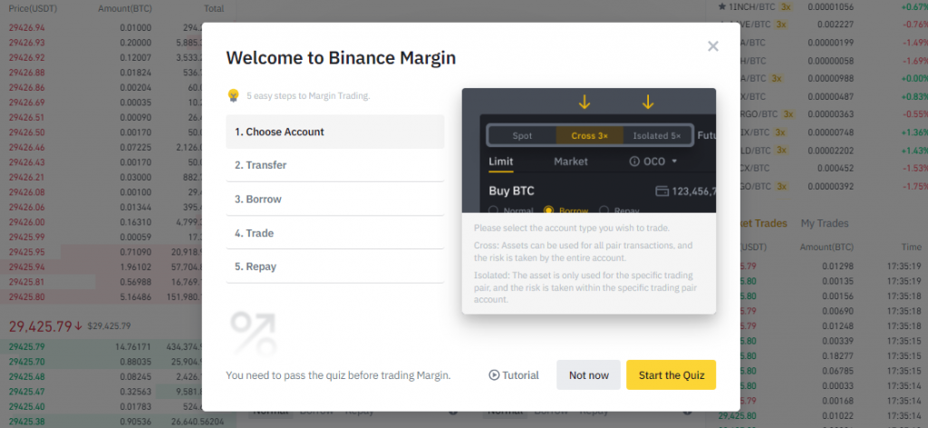 Informational materials and the Binance Margin test completion button