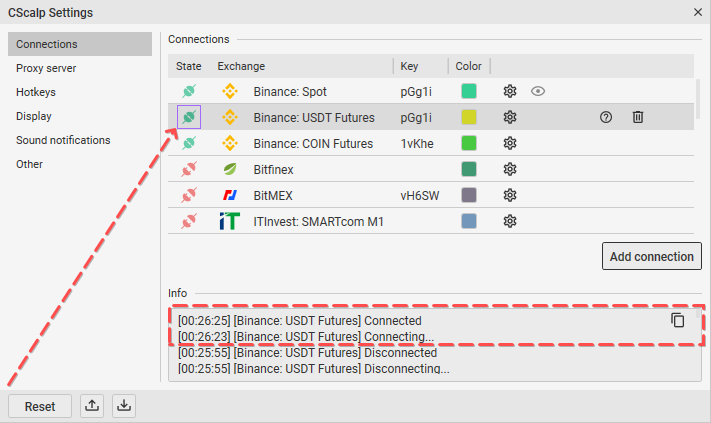Open the "Settings" menu and configure the connection to the Binance futures market