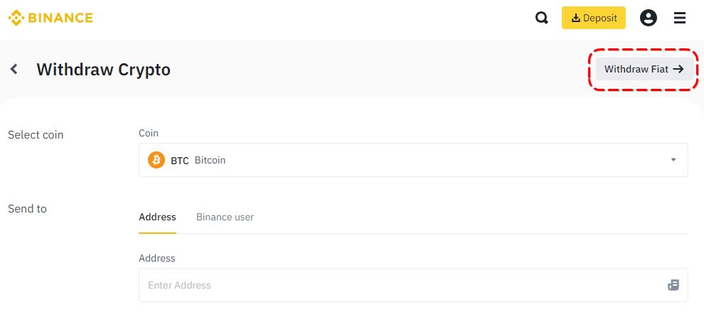 Binance interface, switching to the fiat withdrawal section