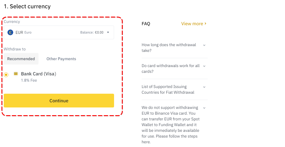 Window for selecting the currency for withdrawal from Binance