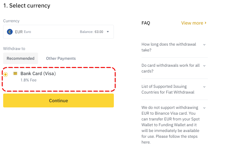 Window for selecting the payment method for withdrawal from Binance