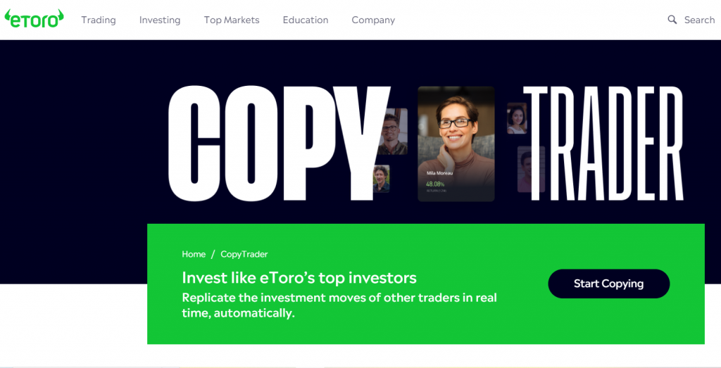 eToro's main web interface for eToro copy trading