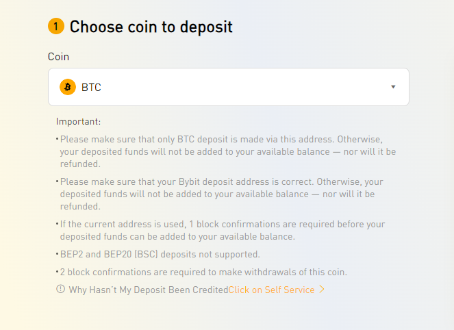 Menu for depositing cryptocurrency into the Bybit trading account