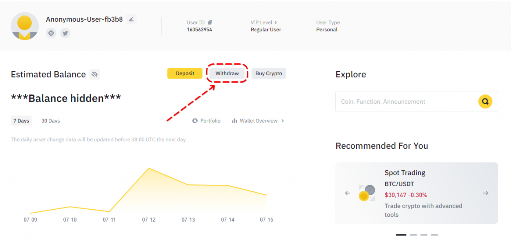 Button for withdrawing cryptocurrency from Binance