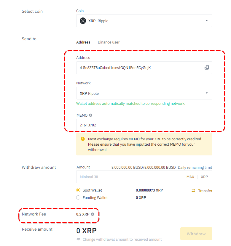Window for cryptocurrency withdrawal from the Binance exchange