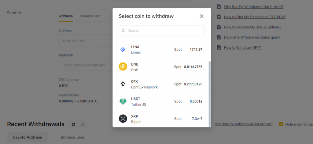 Selection of cryptocurrency for withdrawal from Binance