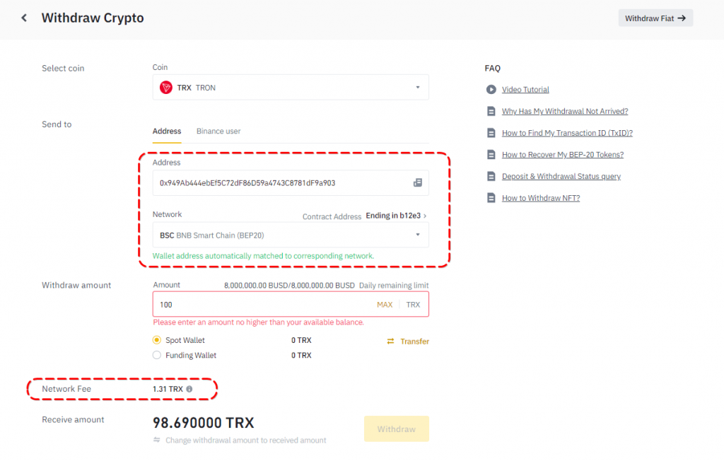 Window for cryptocurrency withdrawal from Binance
