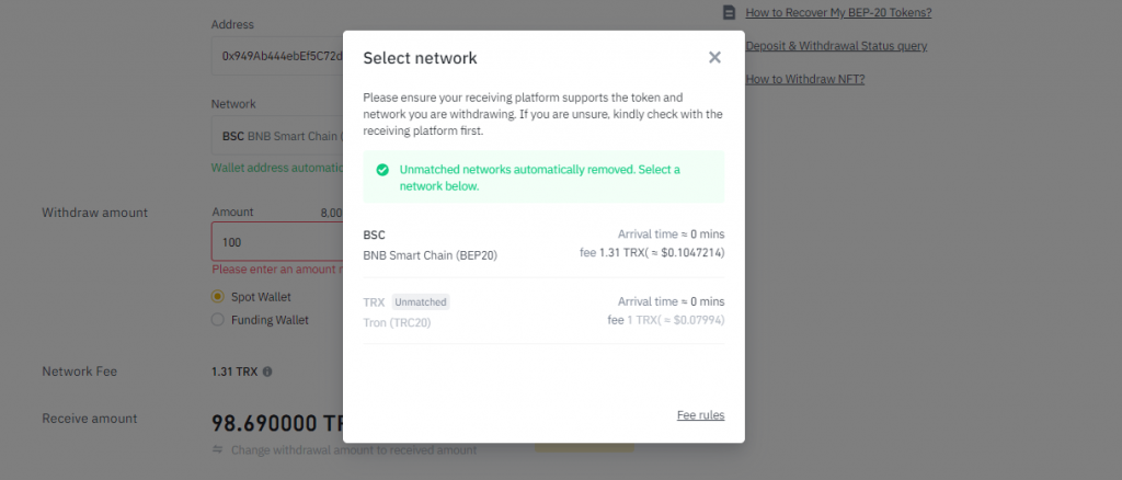 Window for cryptocurrency withdrawal from Binance
