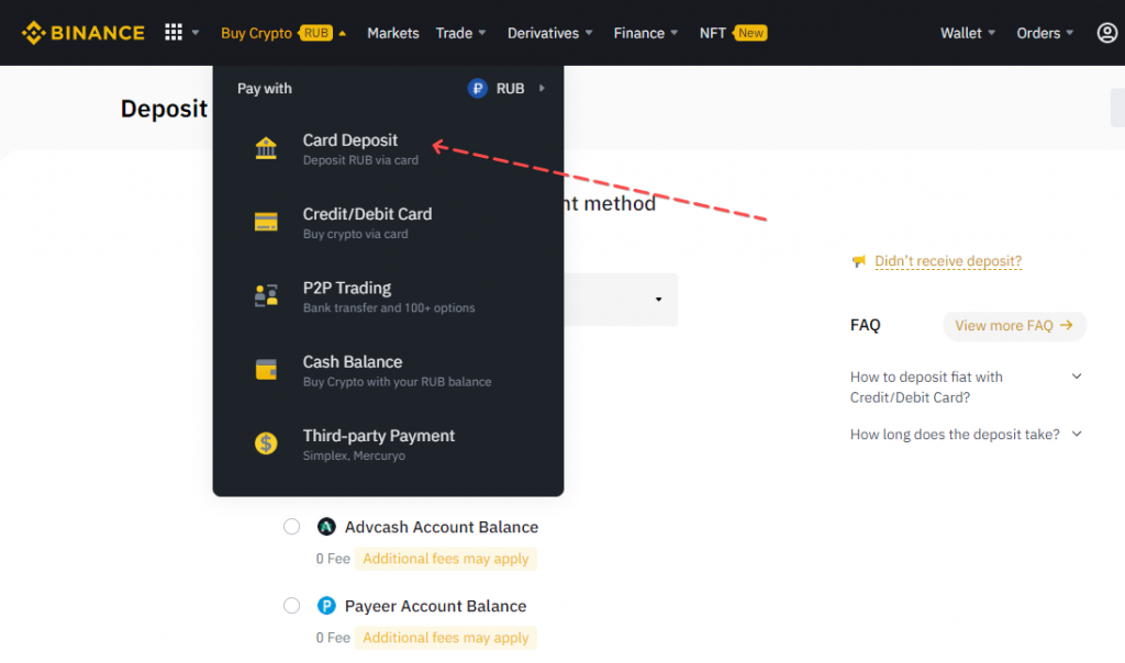 Binance Deposit: Option to buy cryptocurrency with a Card Depoit on the official Binance website