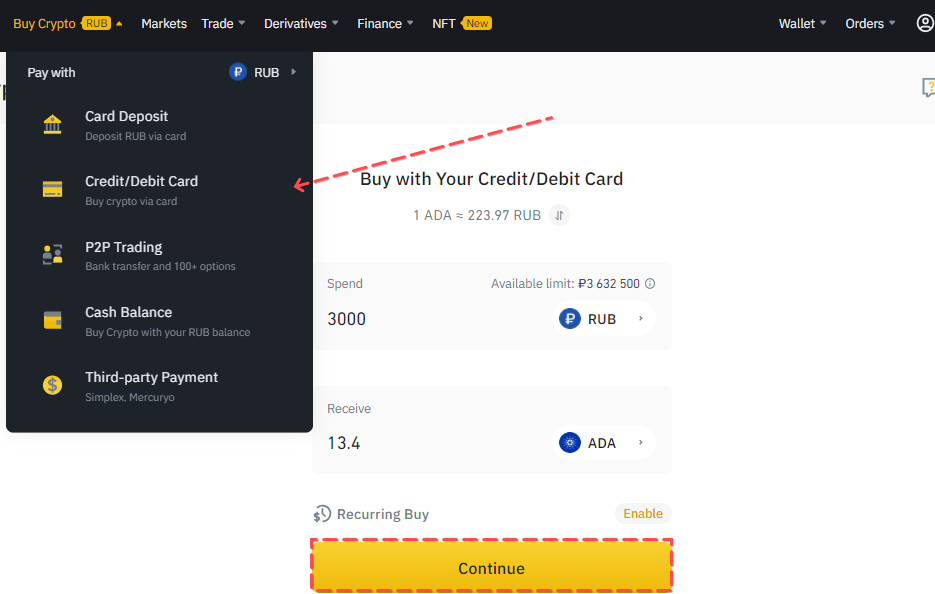 Binance Deposit: Credit/Debit Card tab on the official Binance website