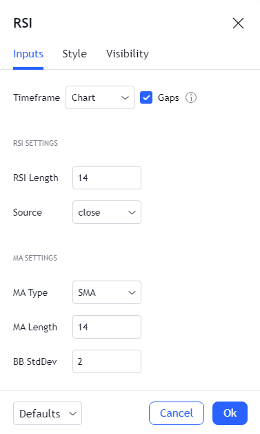 The best day trading indicators: RSI indicator settings window in the TradingView terminal The best day trading indicators: RSI indicator settings window in the TradingView terminal