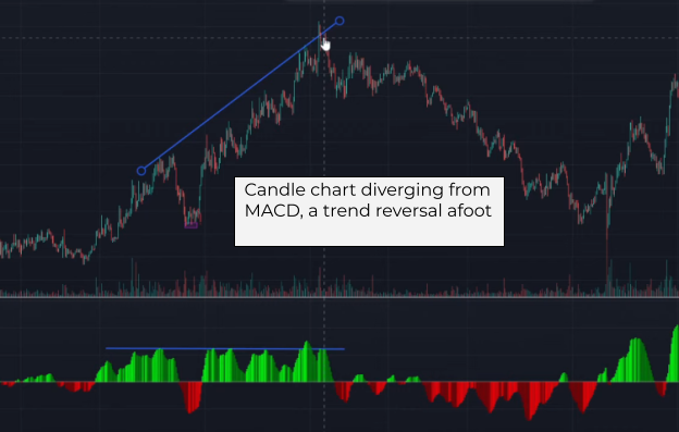 Divergence is shown on the price chart, featuring MACD indicator