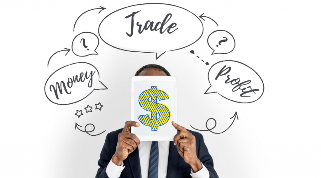 Binance Profit: A man with dialogue bubbles on money, trading, and profit