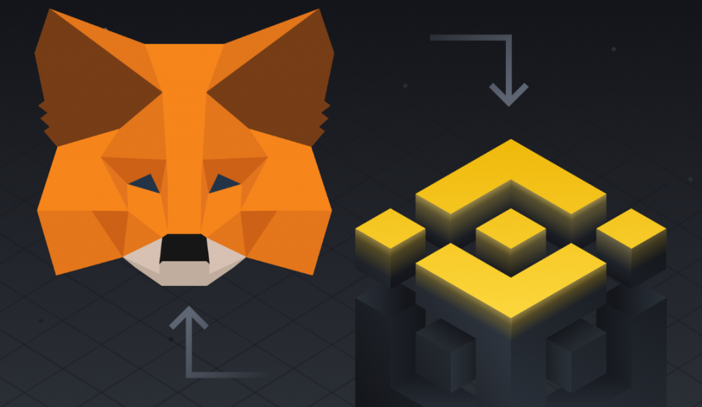 Binance and MetaMask logo on a black background, joined by arrows