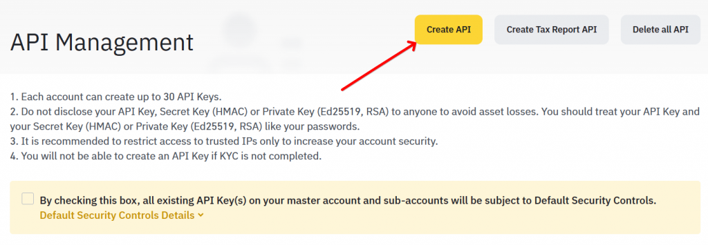 Create API button on Binance exchange is highlighted in red