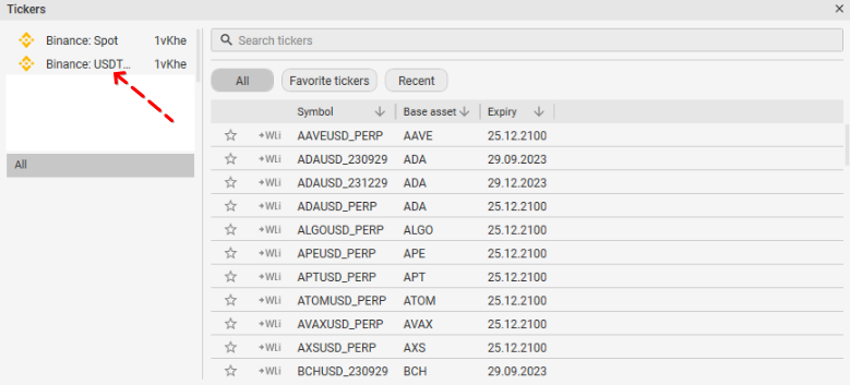 Selecting an instrument in the CScalp terminal