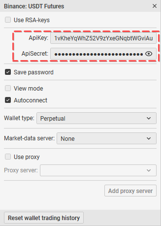 APIKey and APISecret in the CScalp trading terminal