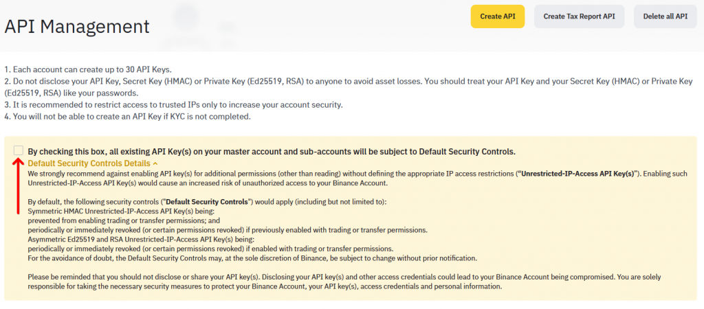 IP binding restriction option within the Binance API Key settings
