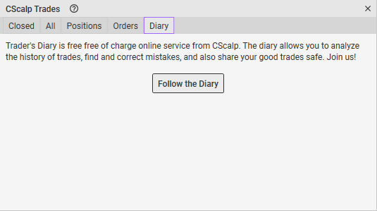 “Diary” tab of the “Trades” window in CScalp