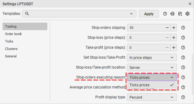 Configuring the Stop-Orders Executing Reason setting in CScalp